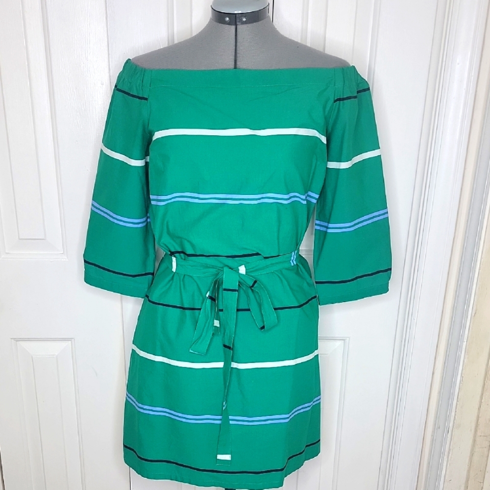 Ann Taylor Wrap Tie Dress Off The Shoulder Size 6P Green Striped Dress